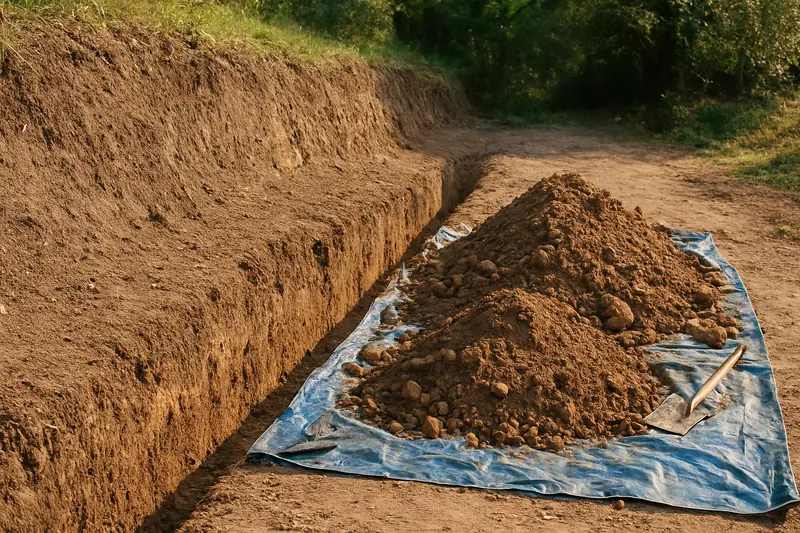 An open footing trench along the base of a bank with spoil heaped on a tarp — retaining wall drainage and digging, Launceston. Illustrative example.