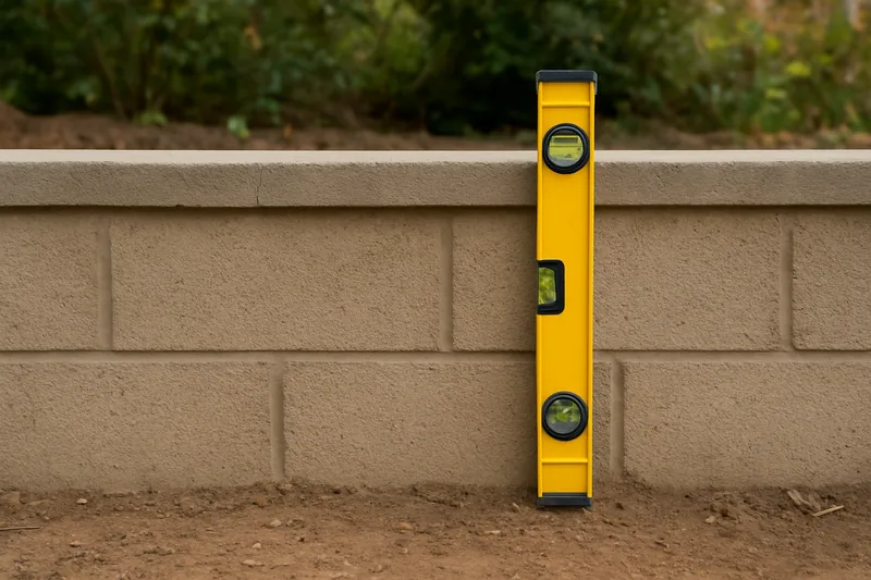 A spirit level held upright against the side of a low rendered block wall — retaining wall height and approval, Launceston. Illustrative example.