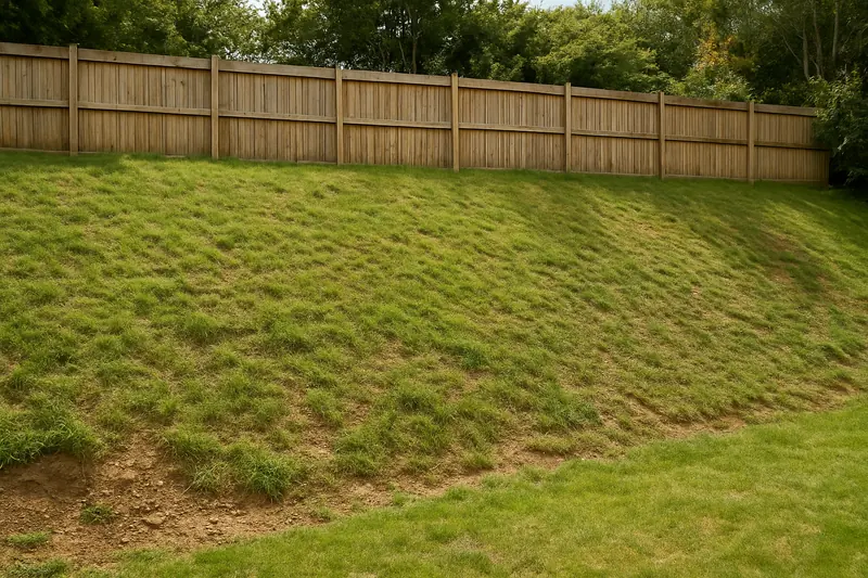 A steep grassed bank behind a timber fence line in a garden — retaining wall planning and hazard areas, Launceston. Illustrative example.