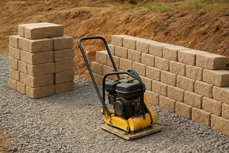 Stacked retaining wall blocks and a plate compactor beside a half-built wall — who may build a retaining wall, Launceston. Illustrative example.
